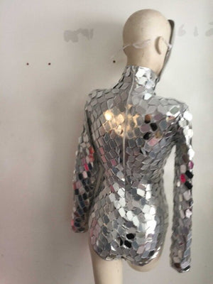 Silvery Mirrors Leotard Jumpsuit Future show space Shining Sequins Bodysuit Machine Dance Costume  Lady Jazz Dance Wear