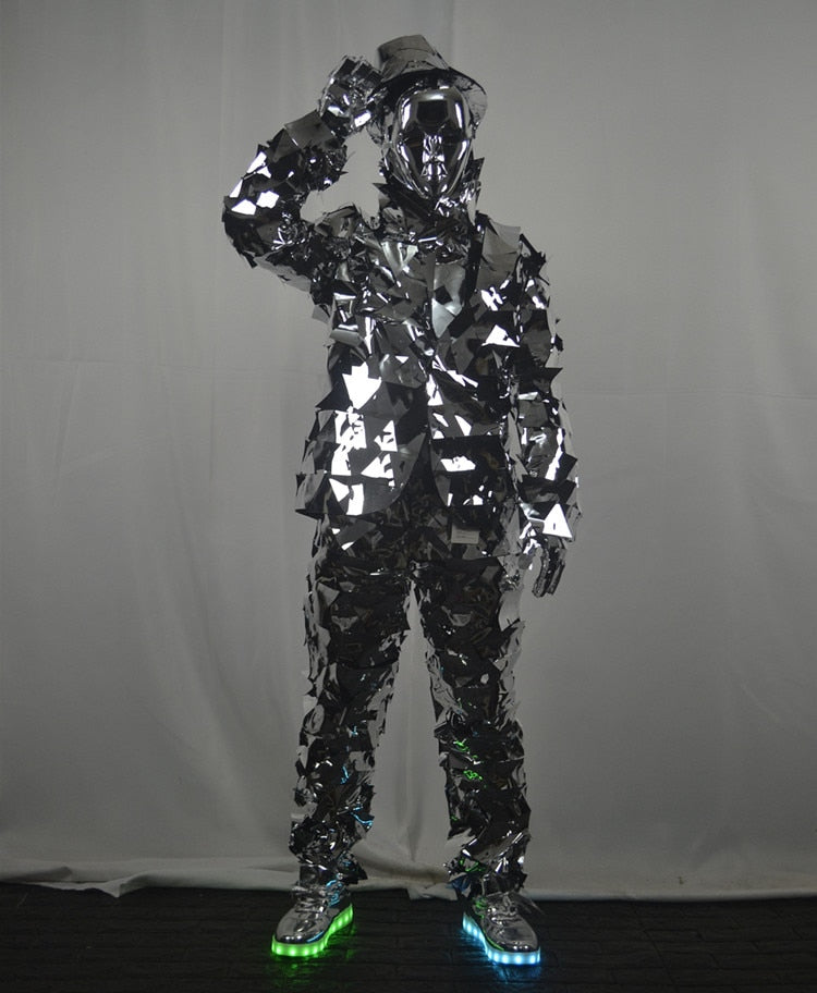 Creative stage performance props mechanical dance clothes Mirror man costume silver mirrors suit