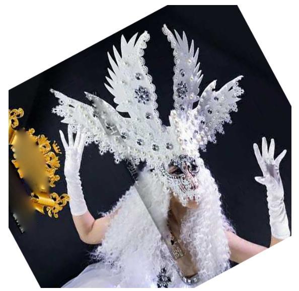 Eagle Queen Stage Dance Wear White Feather Mask cosplay Nightclub GOGO Women&#39;s DSAngel LED Dress Party Costume