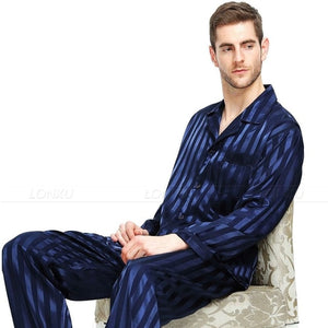 Mens Silk Satin Pajamas Set  Pajama Pyjamas  Set  Sleepwear Set  Loungewear S,M,L,XL,2XL,3XL,4XL  Plus  Striped Black