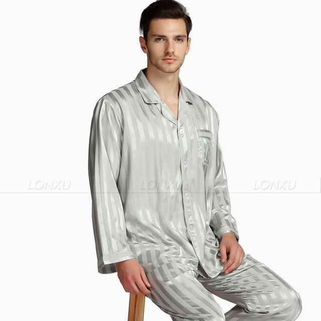 Mens Silk Satin Pajamas Set  Pajama Pyjamas  Set  Sleepwear Set  Loungewear S,M,L,XL,2XL,3XL,4XL  Plus  Striped Black
