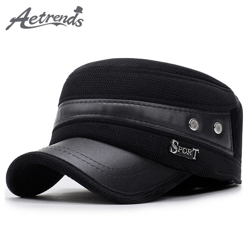 2017 New Winter PU Leather Military Cap with Ear Flaps Dad Hats Men's Captain Sailor Army Cap Z-6021