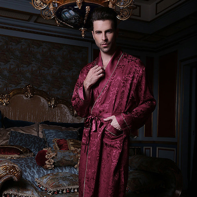 Sexy Genuine Silk Men's Sleeping Robes 100% Silkworm Silk Sleepwear Male Fashion Long-Sleeve Bathrobe High Quality Kimono 13167