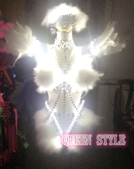 Rhinestones Crystals Feather Wings Led Suit Performance Led Costume  Dancing glow light up clothing party gifts favors