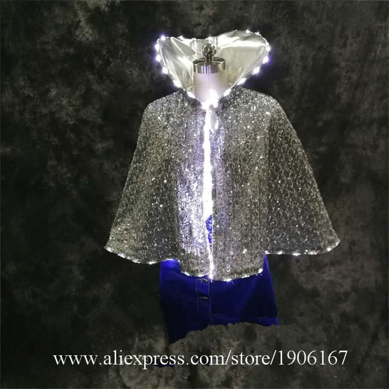 Newest LED white light cloak luminous lighted ballroom dance costumes led party singer dj wears models show clothes DS dress