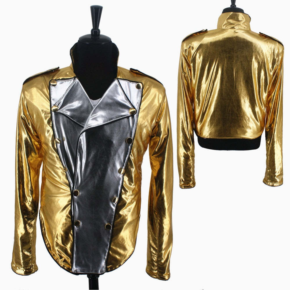 Rare MJ Michael Jackson History BAD Golden Spandex Double Breasted Woven Jacket Pants Gloves Costume Halloween Performance Gift