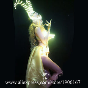 Fashion Led Light Sexy Lady Costume Party Evening Dress Led Luminous Horn Headdress Stage Performance Clothes Led Lighting Suit