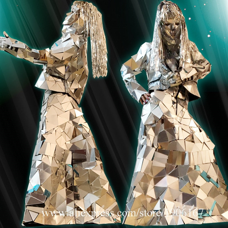 Nightclub DS Performance Art Silver Mirror Woman Dress Christmas Party DJ Mirror Man Cosplay Clothes Stage Ballroom Dance Suit